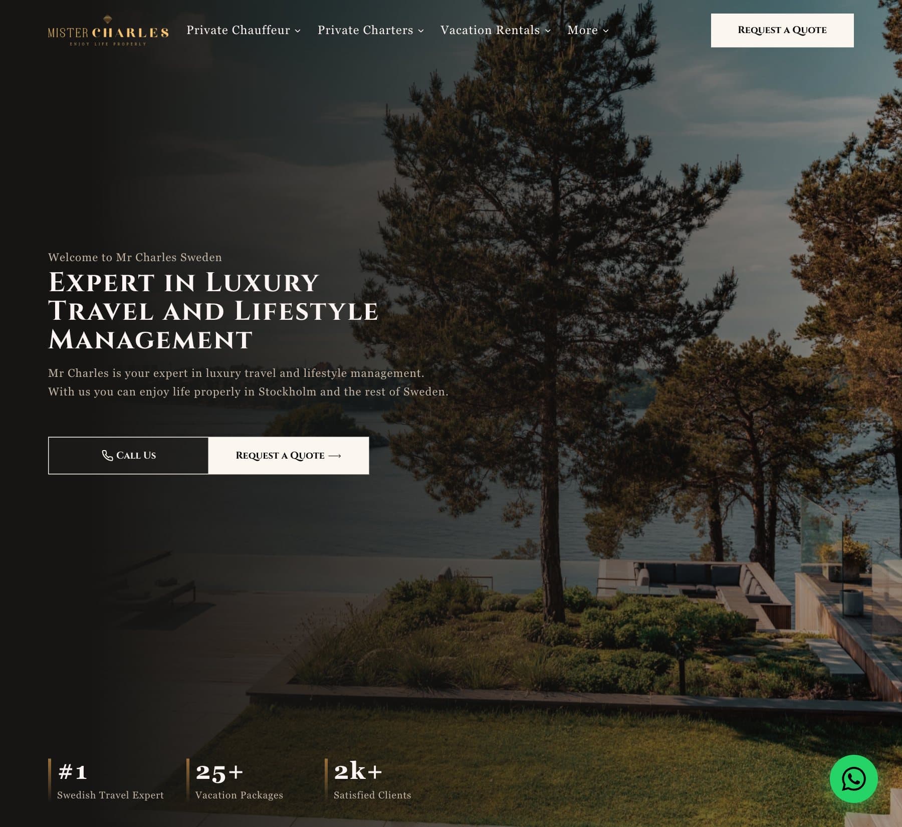 The rebuilt Mr Charles homepage: pine trees by the water at dusk, the headline “Expert in Luxury Travel and Lifestyle Management”, and Call Us and Request a Quote buttons.